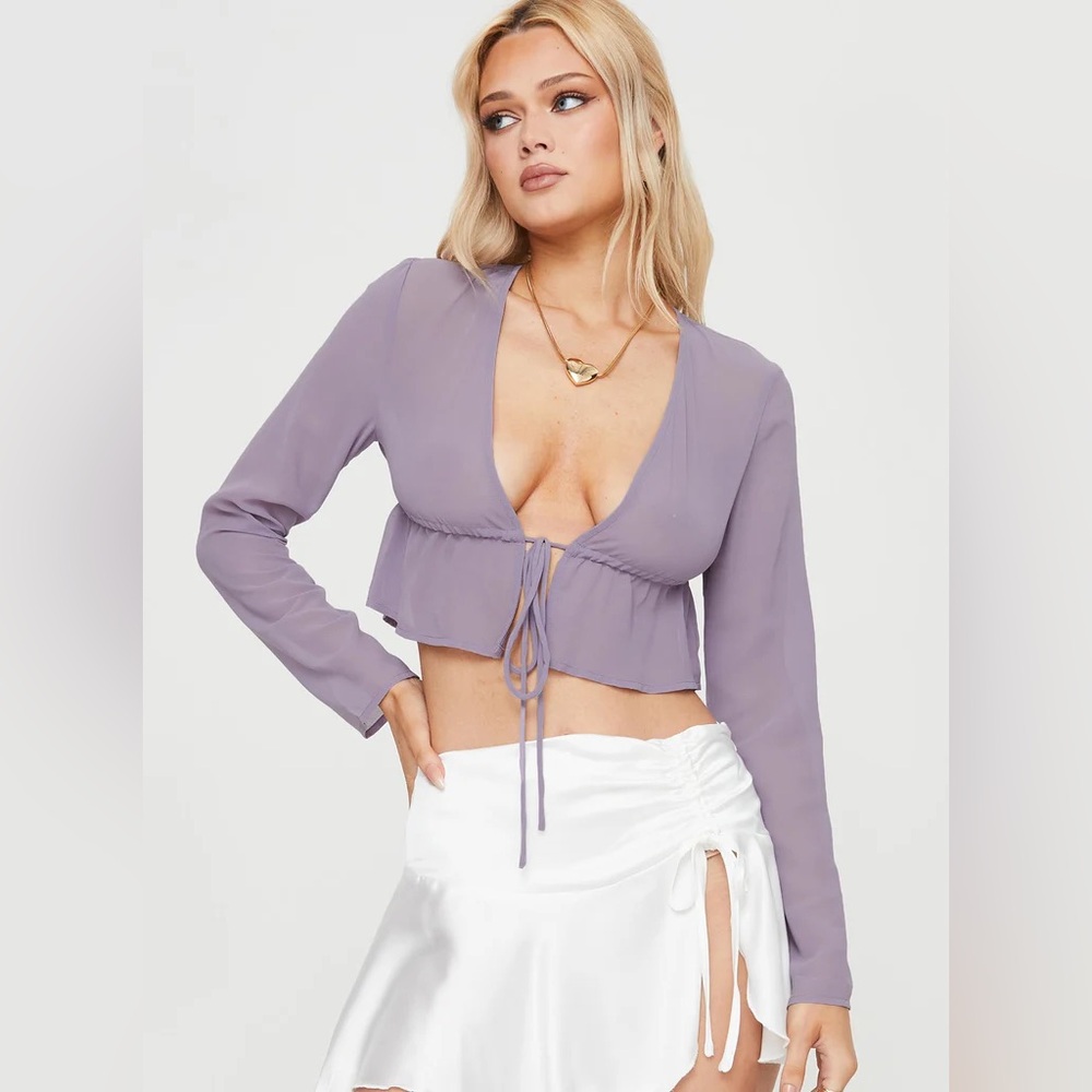 White Fox Long Sleeve Sheer Tie Top in Purple Size XS 90’s Whimsygoth Grunge